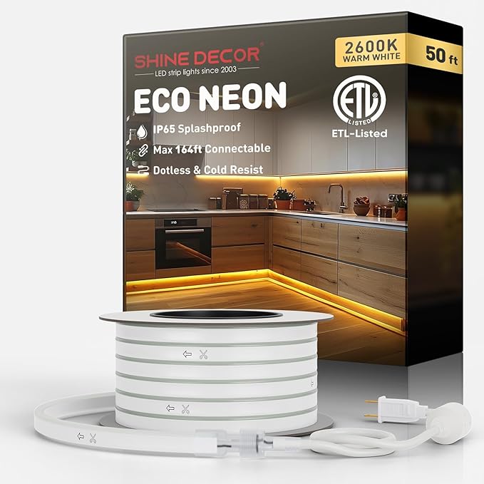 Shine Decor LED Rope Lights AC 120V, Connectable & Cuttable Dotless 120LEDs/M Eco Neon Strip Lighting, ETL IP65 Waterproof & Weather-Resistant for Home Commercial, 8x16mm, 2600K Warm White, 50FT