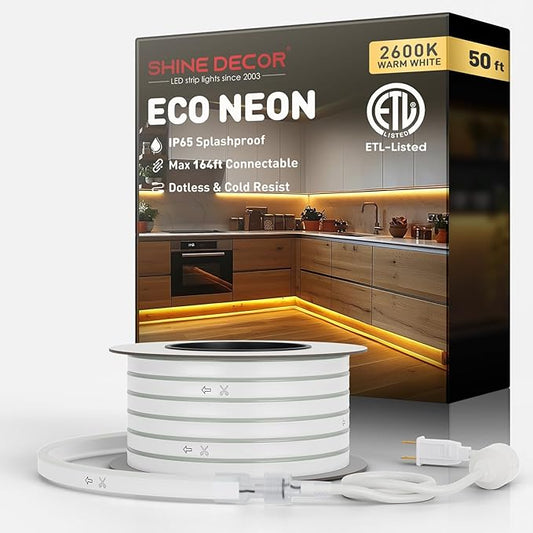 Shine Decor LED Rope Lights AC 120V, Connectable & Cuttable Dotless 120LEDs/M Eco Neon Strip Lighting, ETL IP65 Waterproof & Weather-Resistant for Home Commercial, 8x16mm, 2600K Warm White, 50FT