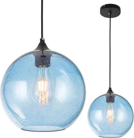 Blue Glass Pendant Lights Kitchen Island Lighting Modern Globe Pendant Light Fixtures Modern Pendant Lights for Kitchen Island Bedroom Living Dining Room Light Fixture-7.8inch