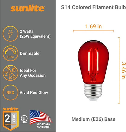 Sunlite LED S14 String Light Bulb, 2 Watts (25W Equivalent), Medium E26 Base, Party Decoration, Holiday Lighting, Transparent, Dimmable, UL Listed, Red, 6 Count