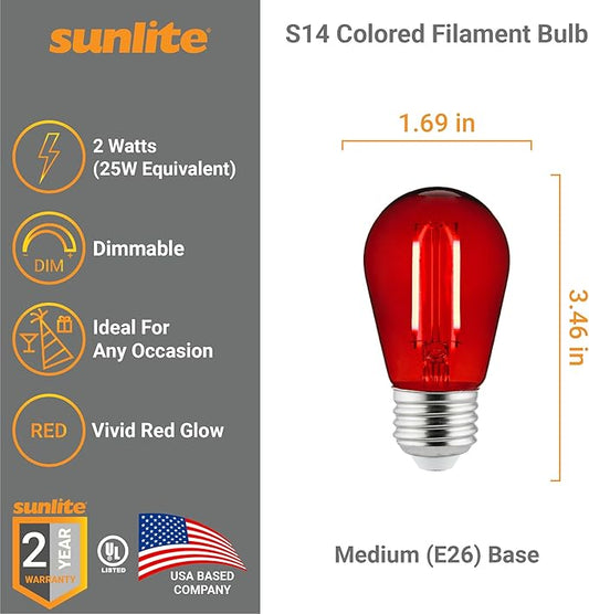 Sunlite LED S14 String Light Bulb, 2 Watts (25W Equivalent), Medium E26 Base, Party Decoration, Holiday Lighting, Transparent, Dimmable, UL Listed, Red, 6 Count
