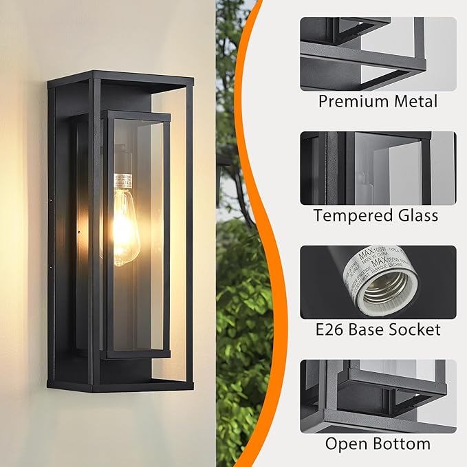 AIBISDO 18In Large Outdoor Wall Light -2 Pack, Black Exterior Lighting Fixture, Outdoor Wall Lantern with Clear Glass Shade, Waterproof Porch Light for Patio, Garage, Front Door（Black）