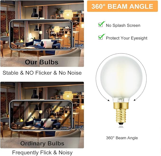 G16.5 Light Bulb,6W E12 LED Bulb dimmable Equivalent E12 Candelabra Bulb 60 Watt,Soft White 3000K,600lm,CRI90+,AC120V,Edison Style,Frosted Glass,Pack of 6