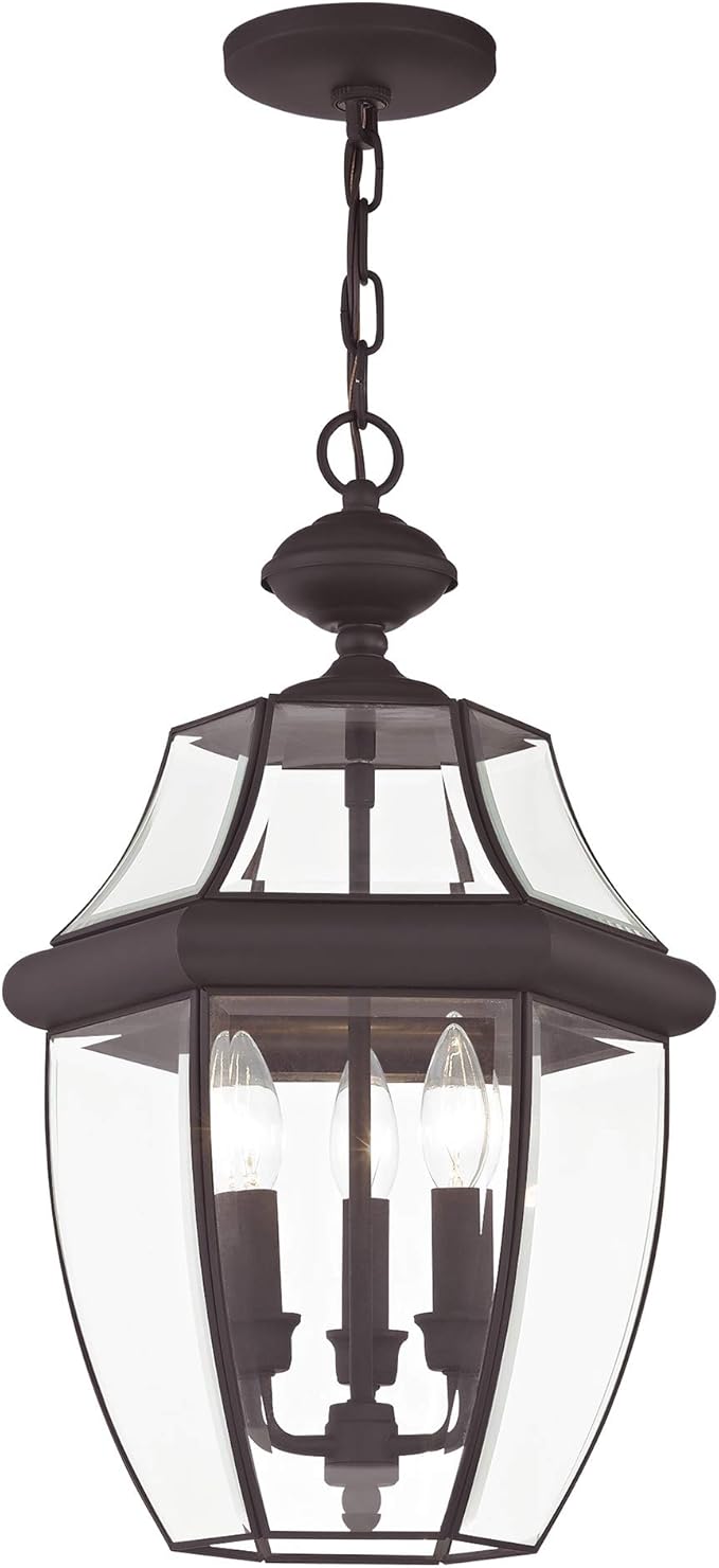 Livex Lighting 2355-07 Monterey 3 Light Outdoor Bronze Finish Solid Brass Hanging Lantern with Clear Beveled Glass