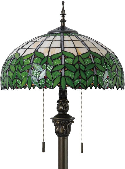 Tiffany Style Floor Lamp, 16" Stained Glass Green Leaf Shade with Antique Bronze Base, 2-Light E26 Pull Chain Standing Reading Light for Living Room, Bedroom, UL Listed, 16x16x64 Inches