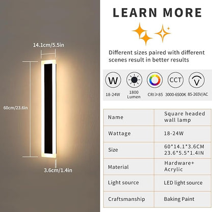 Mikeru 2Pack 23.6inch Modern Outdoor Exterior Wall Light, 3000k/4500k/6000k 3 Colors Switchable Large Outdoor Fixture Wall Mount, Ip65 Waterproof Modern Long Porch Light, Hardwired (Width: 5.5inch)