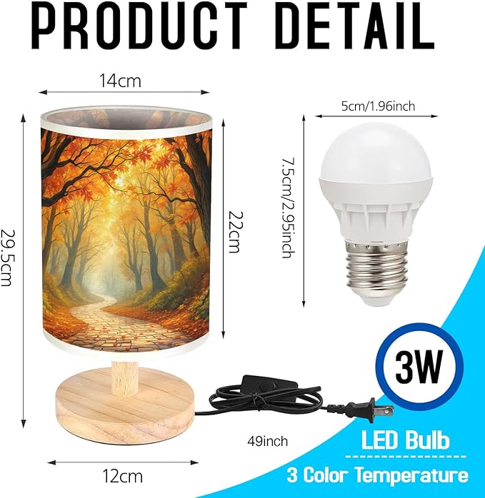 Autumn Forest Table Lamp LED 3-Color Pressed Bedside, Autumn Forest Shade Lamp with Wood Base for Bedroom Living Room Desk Office TL01