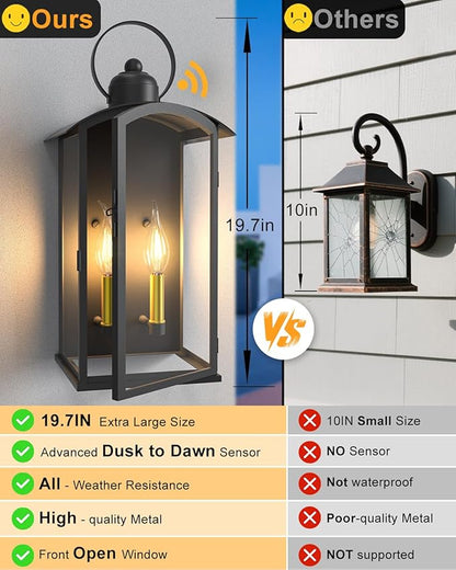 19.7IN Outdoor Wall Light Fixtures, Dusk to Dawn Exterior Lanterns Waterproof, Large Porch Sconces Wall Mounted Lighting, Modern Matte Black Front Open Window Wall Lamps for Patio