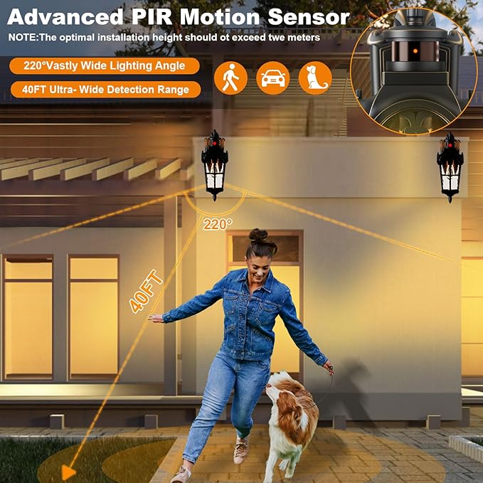 Motion Sensor Outdoor Lights 2 Pack, Dusk to Dawn Outdoor Wall Lights with 220° Detection & 3 Modes, IP65 Waterproof Exterior Lighting Fixtures for House Porch Patio Garage (Gold Trim)