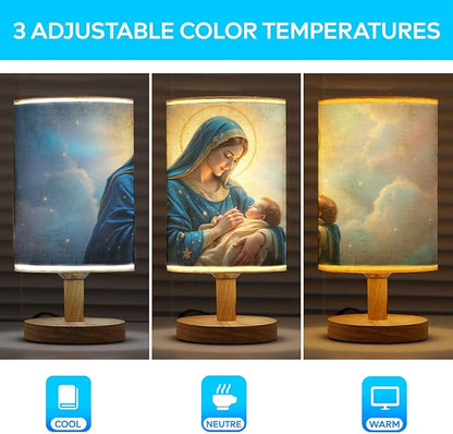 The Virgin Mary Holding Baby Jesus Table Lamp LED 3-Color Pressed Bedside, The Virgin Mary Holding Baby Jesus Shade Lamp with Wood Base for Bedroom Living Room Desk Office TL01