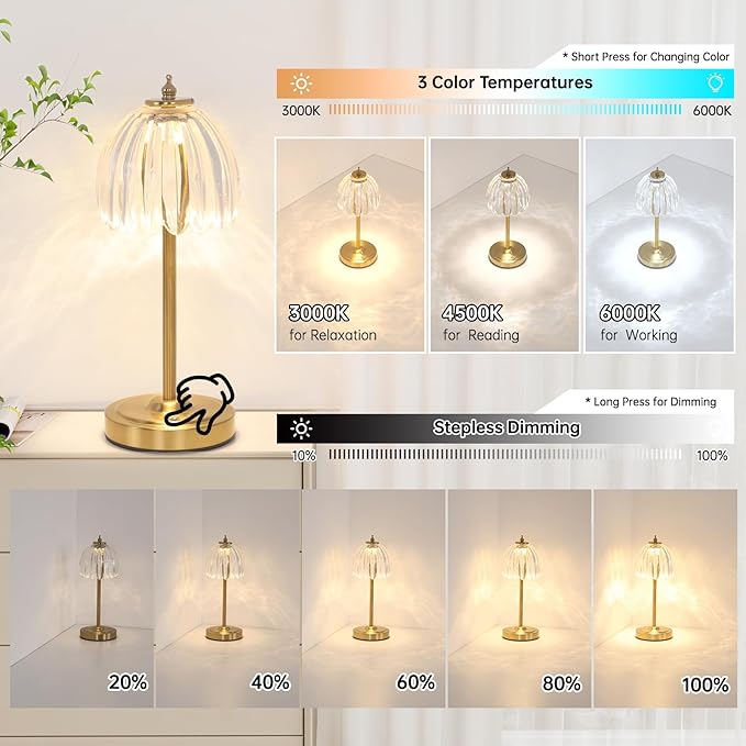Set of 2 Tulip Table Lamp with 5000mAh Battery & Touch Control, Cordless Small Table Lamp with 3 Colors, Dimmable Rechargeable Table Lamps for Bedroom, Desk, Bedside (Transparent Tulip)
