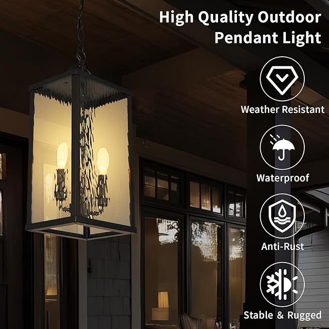 Outdoor Pendant Light, Modern Black Hanging Lantern with Water Ripple Glass, Adjustable Chandelier Exterior Hanging Light Fixture for Front Porch, Patio, Gazebo, Entryway, and Garage