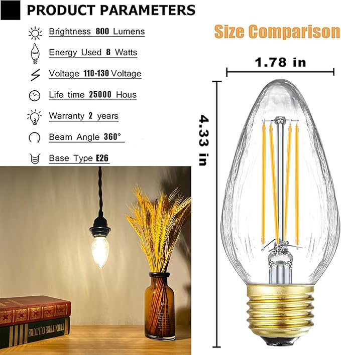 Leools E26 Vintage Edison Bulbs 8W Dimmable LED Bulbs Soft White 3000K 800lm 120V AC E26 Medium Base Light Bulbs for Pendant Light Fixture，6 Pack