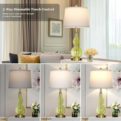27.5" Green Glass Double Gourd Table Lamp Set of 2,3-Way Dimmable Touch Control Bedside Lamps with USB Ports and AC Outlet, Nautical Nightstand Lamps for Bedroom Living Room