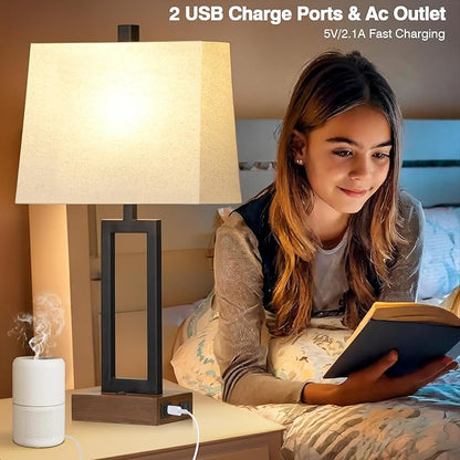 23.5" Table Lamps Set of 2, Modern Black Bedside Lamps with 2 USB Ports & AC Outlet, Contemporary Nightstand Lamps with Wood Base for Bedroom Living Room(LED Bulb Included)