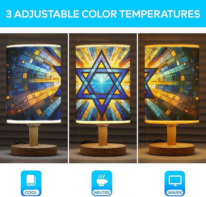 Star of David Table Lamp LED 3-Color Pressed Bedside, Star of David Shade Lamp with Wood Base for Bedroom Living Room Desk Office TL01