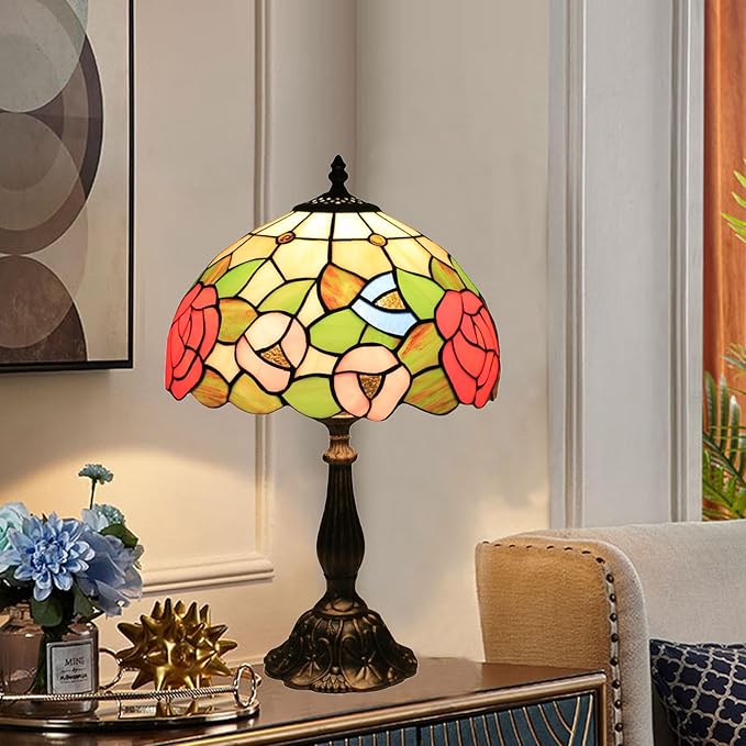Tiffany Style Table Lamp, Stained Glass Bedside Lamp, Handmade Antique Desk Lamp, Red Rose Pattern, for Living Room Bedroom Home Office, Height 19 Inch, Width 12 Inch, Include LED Bulb