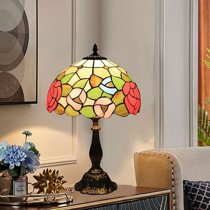 Tiffany Style Table Lamp, Stained Glass Bedside Lamp, Handmade Antique Desk Lamp, Red Rose Pattern, for Living Room Bedroom Home Office, Height 19 Inch, Width 12 Inch, Include LED Bulb