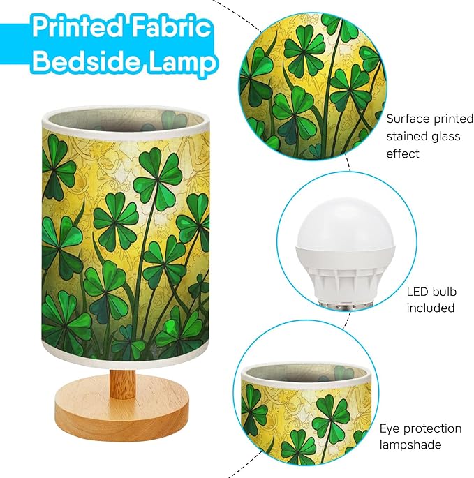 Shamrock Table Lamp LED 3-Color Pressed Bedside, Shamrock Shade Lamp with Wood Base for Bedroom Living Room Desk Office