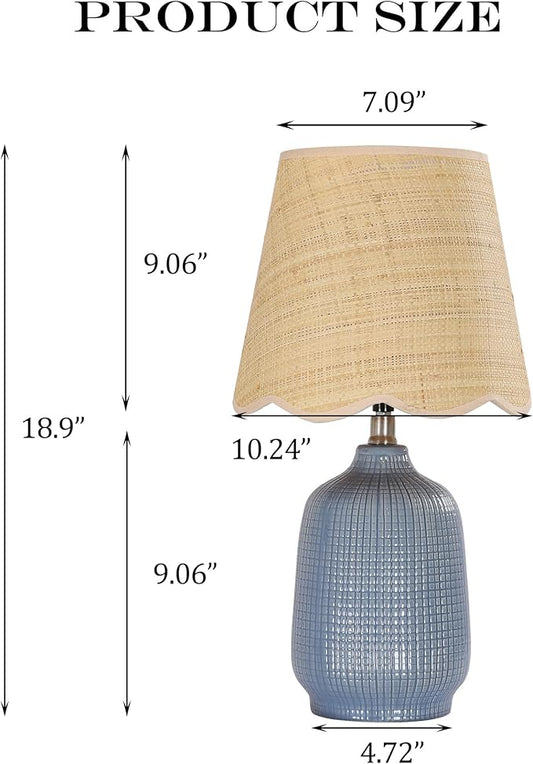 19" Boho Ceramic Table Lamp, Handmade Ceramic Base with Rattan Shade, Farmhouse Plug-in Bedside Nightstand Lamps for Bedroom, Living Room, E26 Socket, Navy Blue