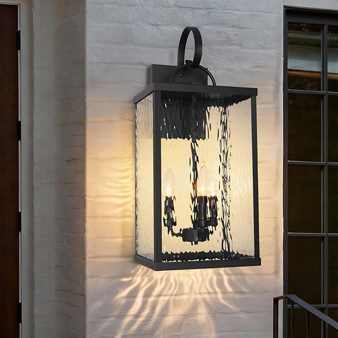 Large Outdoor Wall Light Fixture, 24" Modern Exterior Wall Lantern with Water Ripple Glass, Matte Black Waterproof Wall Sconce Porch Light for Patio, Garage, Front Door, Garden, Yard, Entryway