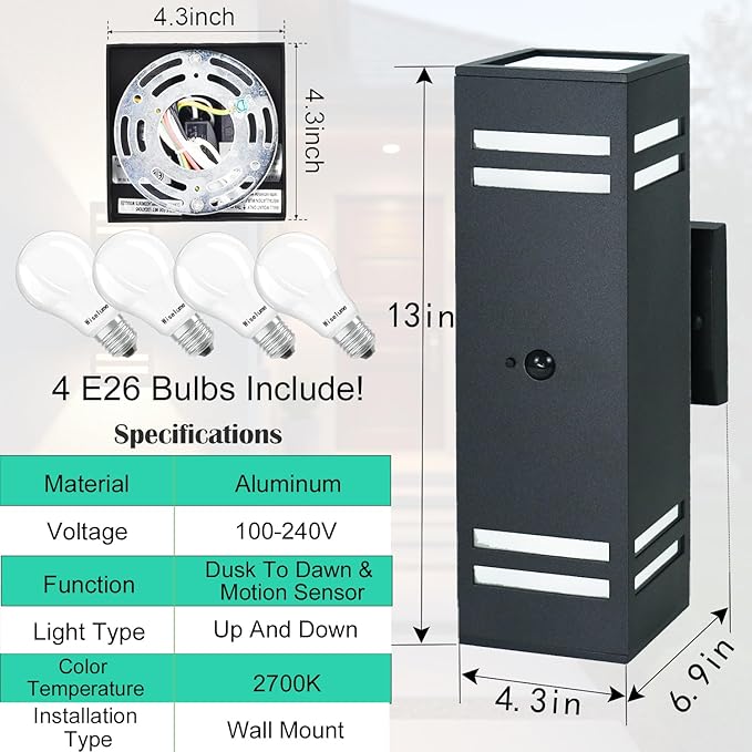 Motion Sensor Outdoor Wall Lights with Dusk to Dawn, E26 Dimmable LED Bulbs Included, Black Aluminum Up & Down Waterproof Porch, Patio, Garage, Garden, Front Door, ETL Listed 2 Pack