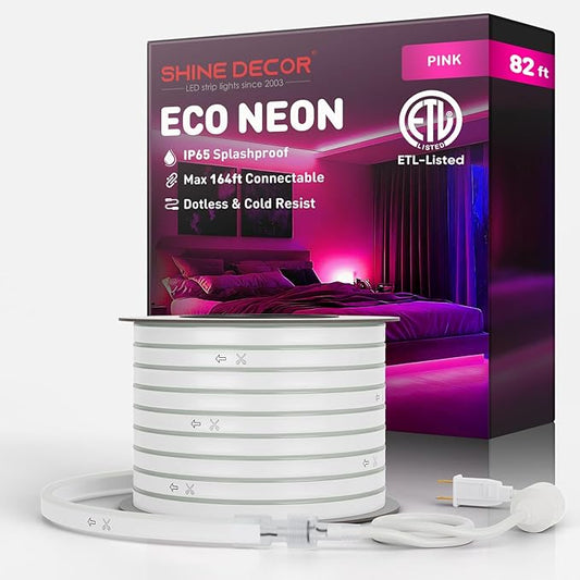 Shine Decor LED Rope Lights AC 120V, Connectable & Cuttable Dotless 120LEDs/M Eco Neon Strip Lighting, ETL IP65 Waterproof & Weather-Resistant for Home Commercial, 8x16mm, Pink, 82FT