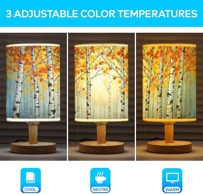 Birch Trees Table Lamp LED 3-Color Pressed Bedside, Birch Trees Shade Lamp with Wood Base for Bedroom Living Room Desk Office
