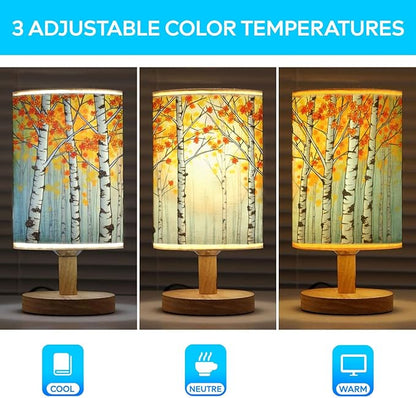 Birch Trees Table Lamp LED 3-Color Pressed Bedside, Birch Trees Shade Lamp with Wood Base for Bedroom Living Room Desk Office