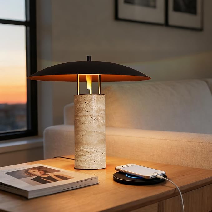 Littleglovo Large Table Lamp, Modern Travertine Bedside Lamp with Matte Black Iron Shade, Luxury Nightstand Lamp for Bedroom, Kid Room, Nursery, Living Room Home Decor, E26 Socket, 15.7Inch