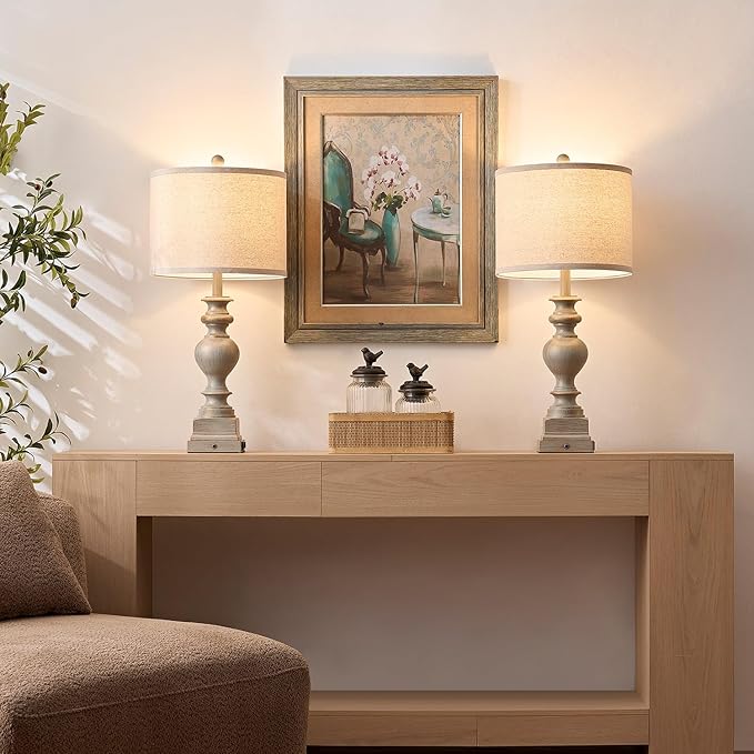 30“ Set of 2 Farmhouse Table Lamps with USB A+C & AC Outlet, Vintage Bedroom Touch Bedside Lamp Nightstand Traditional Side Table Lamp for Living Room Office