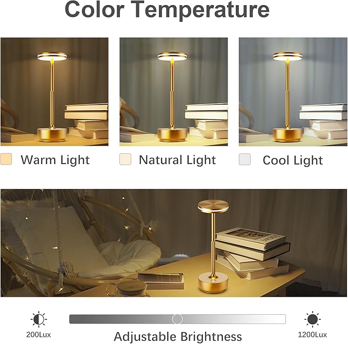 Hapfish 2 Pack Cordless Table Lamps Rechargeable, 5000mAh Battery Powered Lamp, 3 Color Modes, Dimmable, LED Table Lamps for Living Room,Outdoor, Dinner,Patio,Restaurant– Gold