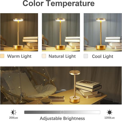 Hapfish 2 Pack Cordless Table Lamps Rechargeable, 5000mAh Battery Powered Lamp, 3 Color Modes, Dimmable, LED Table Lamps for Living Room,Outdoor, Dinner,Patio,Restaurant– Gold