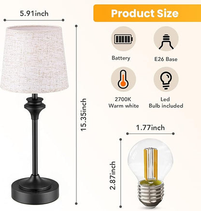 NIORSUN Portables Cordless Table Lamp Set of 2, Battery Operated Lamp, Bedside Table Lamp with Warm White,3 Way Dimmable Touch Desk Lamp for Bedroom Living Room Restaurant Whtie Shade (Black)