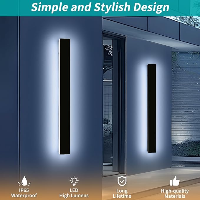 Mikeru 47.2" 2Pack Outdoor Wall Sconce 6000K Cool White - IP65 Waterproof Black Exterior Light, Hardwired Wall Mounted Fixture for Porch, Patio & Entryway | Non-Dimmable Weatherproof Design