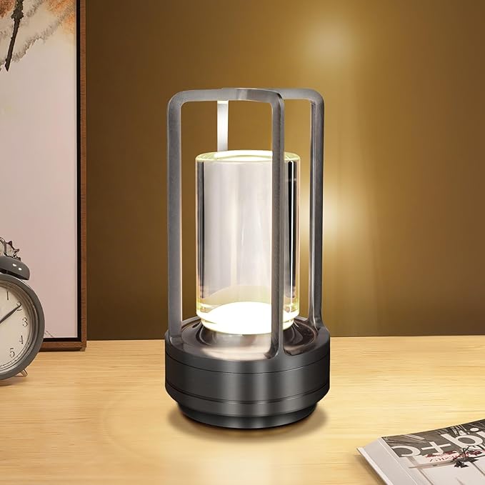 Cordless Table Lamp for Outdoor Indoor, Portable Rechargeable Battery Powered LED Crystal Lantern Lamp, 3 Color Touch Control Stepless Dimming, Small Desk Light for Restaurant Home (Black)