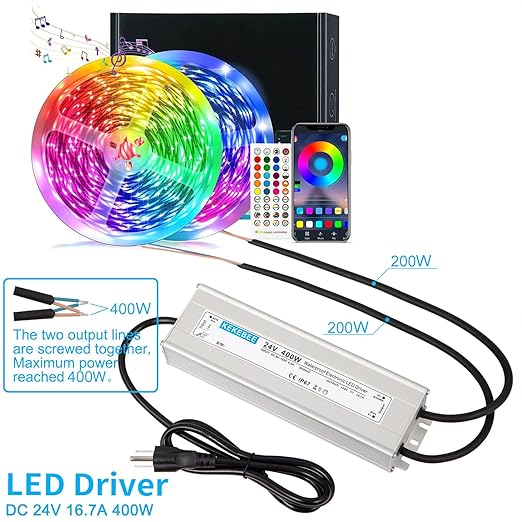 LED Driver 24V400W Waterproof Power Supply AC90-130V to DC24V16.7A Low Voltage Transformer IP67 Converter Suitable for Indoor and Outdoor LED Lighting and Any 24V DC LED