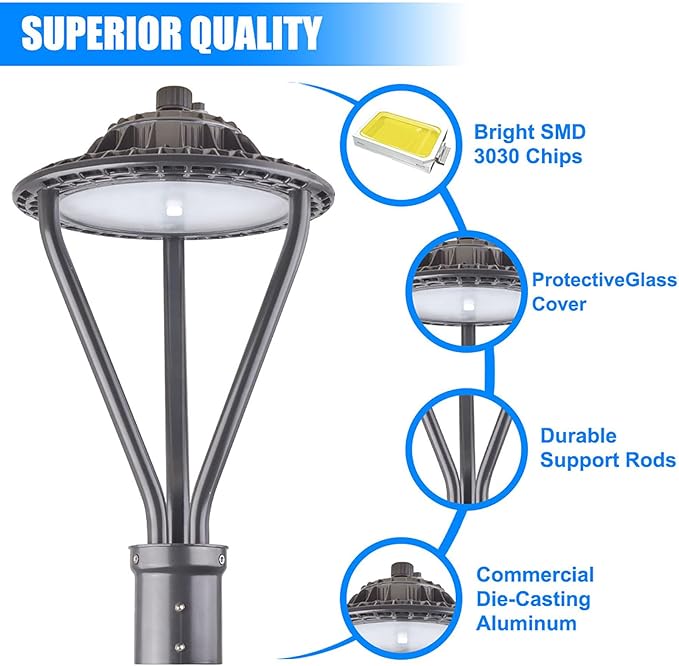 LED Post Top Light 30/50/75W Adjustable 9750 LM 3000/4000/5000K LED Circular Area Light Outdoor Pole Lights with Photocell, IP67 Parking Lot Lights Fixture Commercial Lighting, 100-277V ETL&DLC Listed