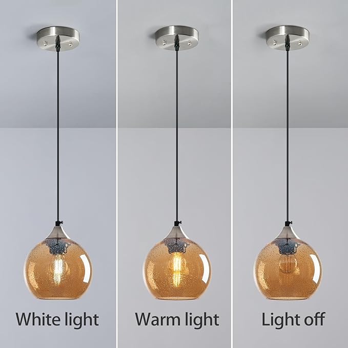 Amber Glass Pendant Lights Kitchen Island Globe Pendant Light Fixtures Modern Pendant Lighting for Bedroom Living Dining Room Light Fixture (5.9 in, 1 Pack)