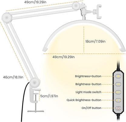 3000 Lm Adjustable LED Half Moon Light with Clamp & Task Lamp - Bright, Dimmable Lighting for Office, Crafts, Nails &Salon, Remote Control (CCT，White)