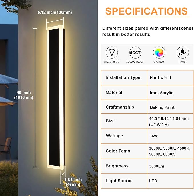 2 Pack 40In Black LED Outdoor Wall Lights Exterior Garage Lights, 3000K-6000K Dimmable Modern LED Linear Wall Sconce IP65 Waterproof Long Outdoor Wall-Mount Lighting Fixture for House Porch