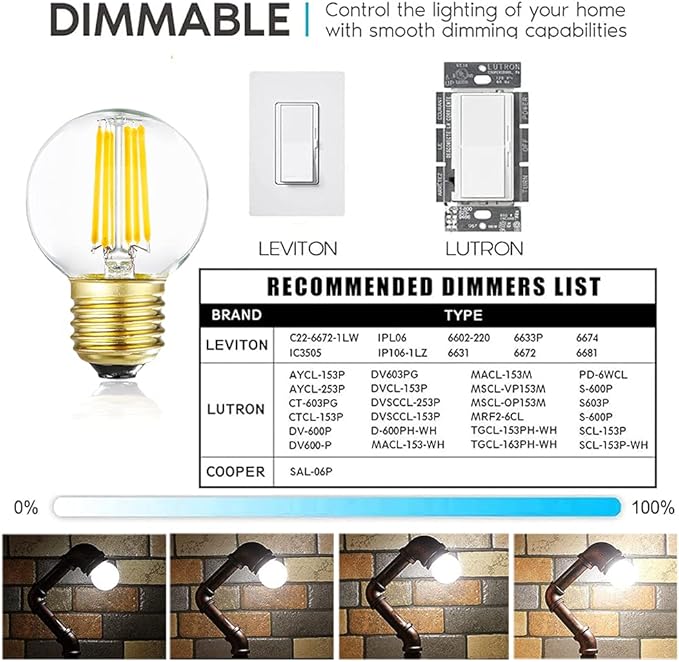 Dimmable E26 Edison Bulb G16.5 Light Bulb 6W Equal 60 watt AC120V Daylight 4000K E26 Light Bulb for Pendant,Vanity,Vintage LED Filament Edison Candle Bulb with Decorative,2.99in,6Pack.