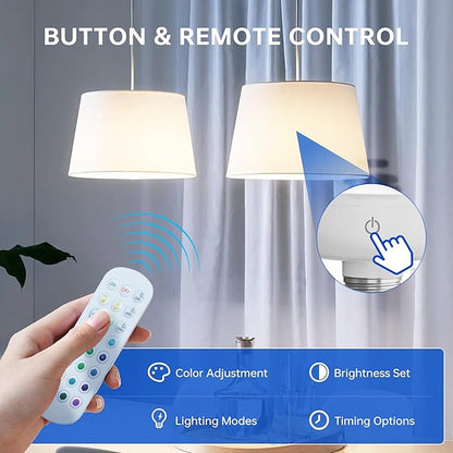 Rechargeable Battery Operated Light Bulb: E26 Wireless LED Night Bulb with Remote Control and Timer for Lamp, 4000mAh 400LM Dimmable Magnetic USB Puck Lights, 3 Color Temperatures+12 RGB Colors, 2pcs