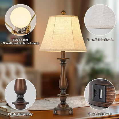 AIDENOEY 28.5" Traditional Table Lamp Set of 2, Rustic Farmhouse Table Lamps for Living Room Bedroom, Bedside Desk Lamps Vintage Nightstand Lamps with Silk Fabric Shades,Antique Copper Table Lamp