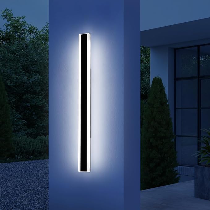 57inch Exterior Wall Light Fixture, 6000K Cold White, Modern Long Outdoor Wall Sconce, IP65 Waterproof, 50W, Black Minimalist Outside LED Strip Lights for Garage, Patio, Balcony, Fence