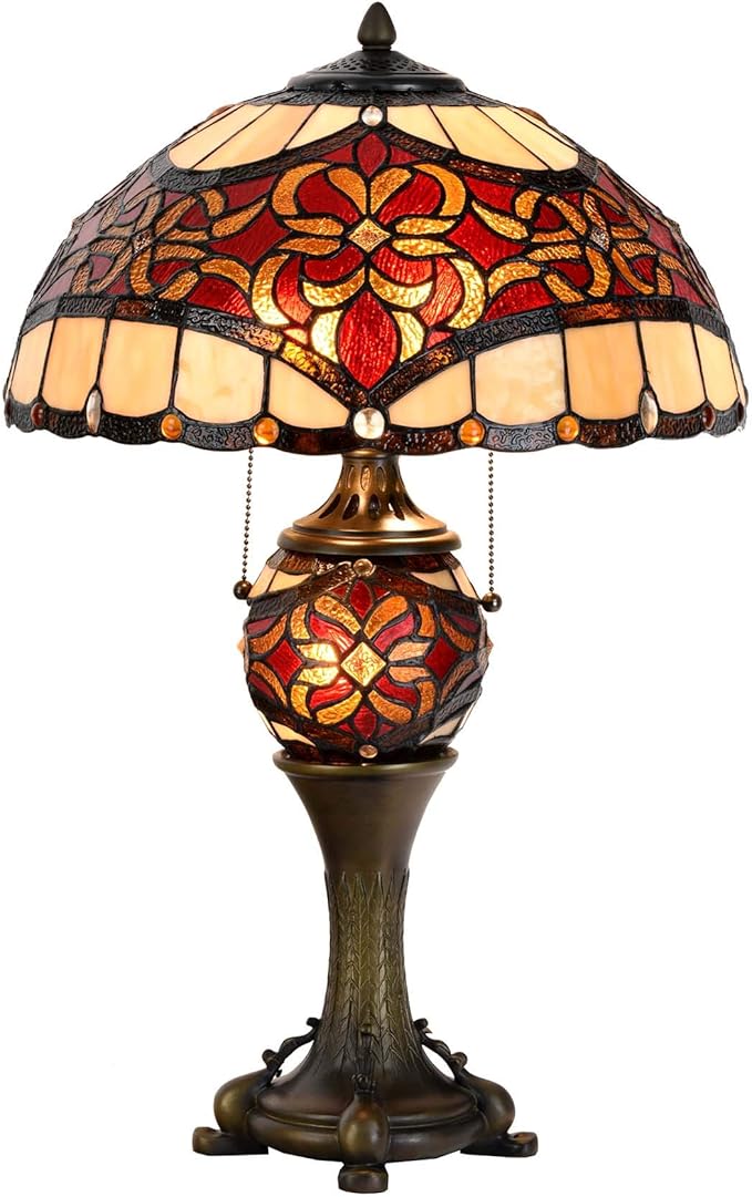 Bieye L10802 Baroque Tiffany Style Stained Glass Table Lamp Lighted Base for Living Room Bedside Home Decoration (16-inch, Red)