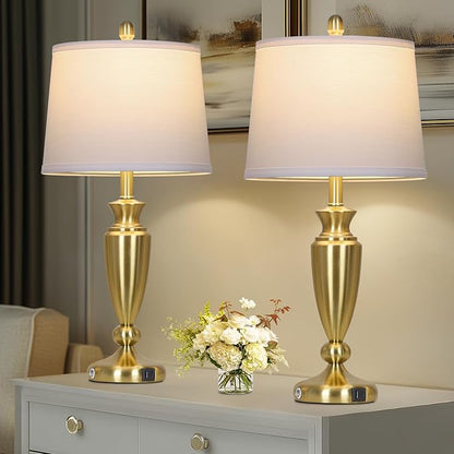 27'' Gold Table Lamps for Living Room with White Lampshade, 3 Way Touch Control Bedside Lamps Set of 2 with USB A+C Ports, Modern Metal Nightstand Lamp for Bedroom Office End Table