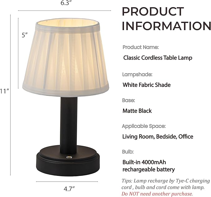 11 Inch Modern Type-C Rechargeable Cordless LED Table Lamp Industrial Dimmable Touch Mini Desk Lamp in Matte Black with Fabric Shade for Bedroom Living Room