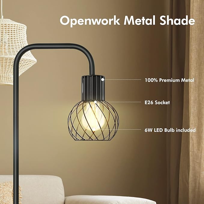 Industrial Floor Lamp, LED Standing Lamp Modern with 6W LED Bulb, Foot Switch, Metal Tall Lamps for Living Room, Bedroom, Office, Vintage Stand Up Light, Minimalist Farmhouse Floor Lamp in Black