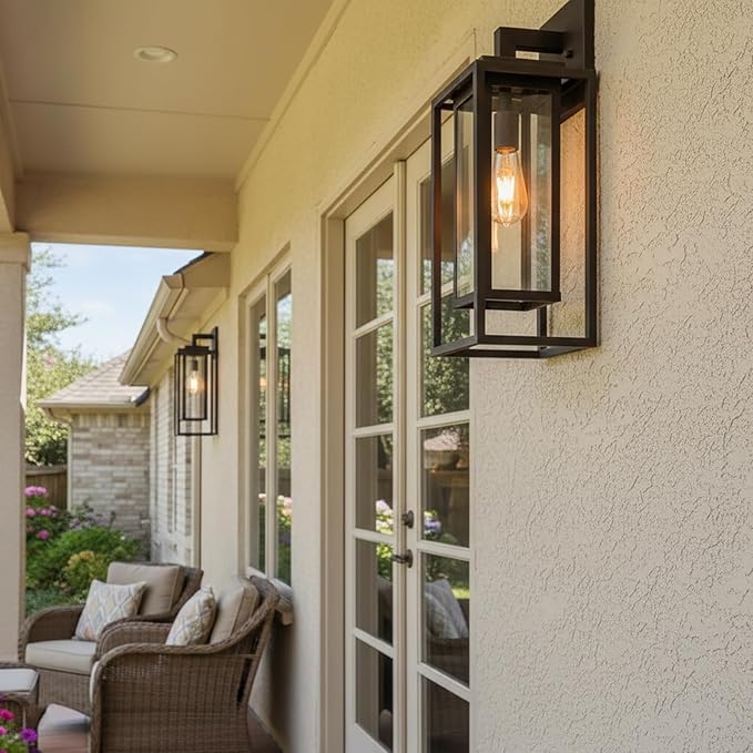 21" Outdoor Wall Light Fixtures Waterproofed Exterior Lantern W/Sturdy Rectangular Double Cage In Old Rust&Clear Tempered Glass,Sconce Mounted For House Patio,Front door,Porch,Garage Lighting 2Pack